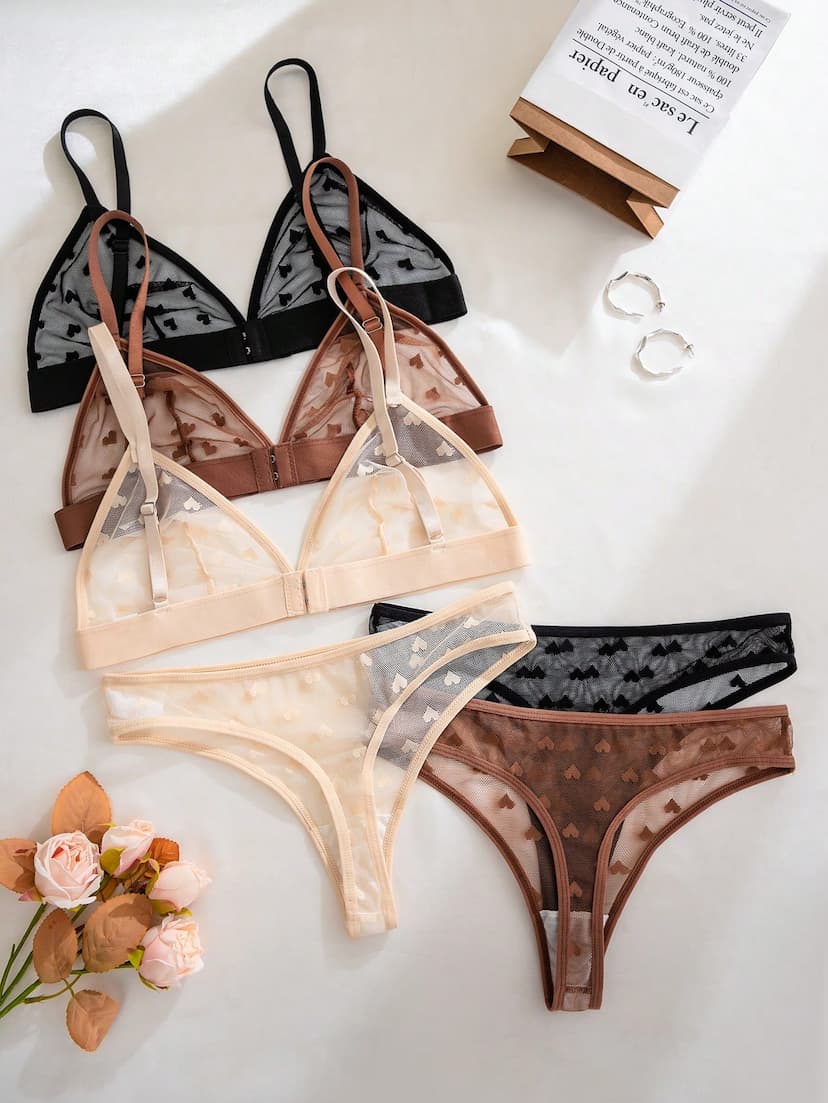 PetitDoll 6 pièces/Set Soutien-gorge triangle sans fil en maille jacquard transparente et sexy en forme de cœur