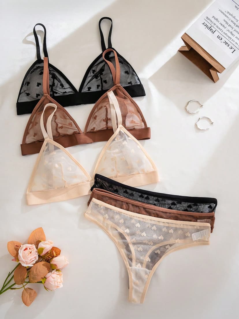 PetitDoll 6 pièces/Set Soutien-gorge triangle sans fil en maille jacquard transparente et sexy en forme de cœur