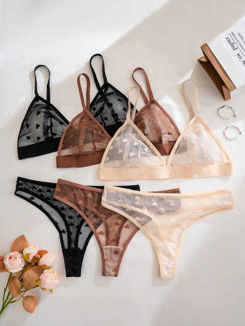 PetitDoll 6 pièces/Set Soutien-gorge triangle sans fil en maille jacquard transparente et sexy en forme de cœur