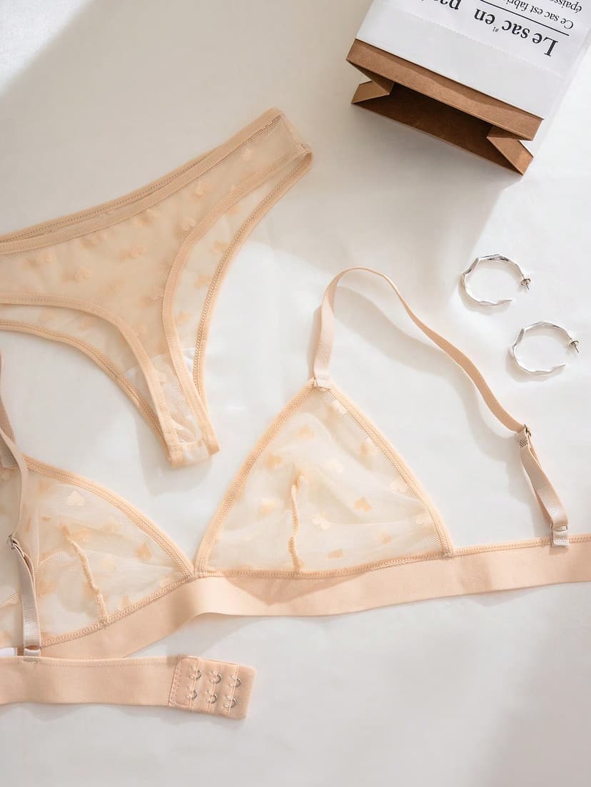 PetitDoll 6 pièces/Set Soutien-gorge triangle sans fil en maille jacquard transparente et sexy en forme de cœur