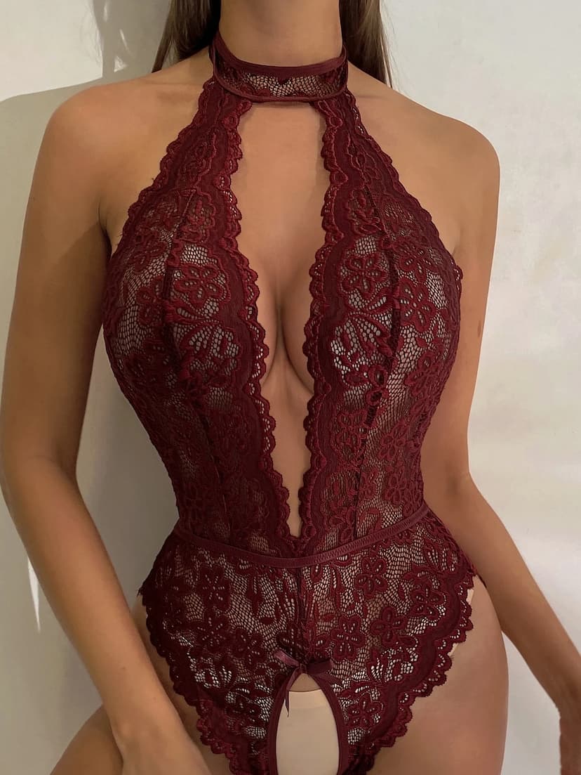 Combinaison body en dentelle avec détail nœud, sans culotte, lingerie