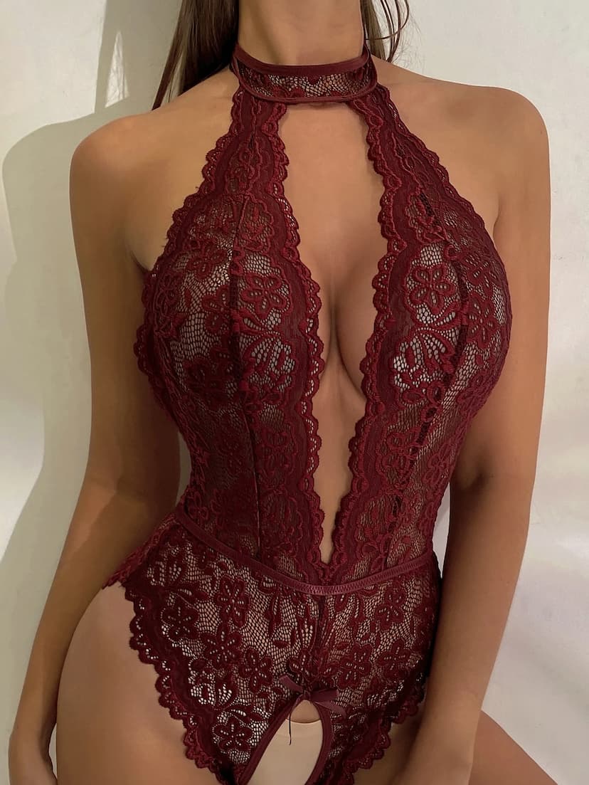 Combinaison body en dentelle avec détail nœud, sans culotte, lingerie