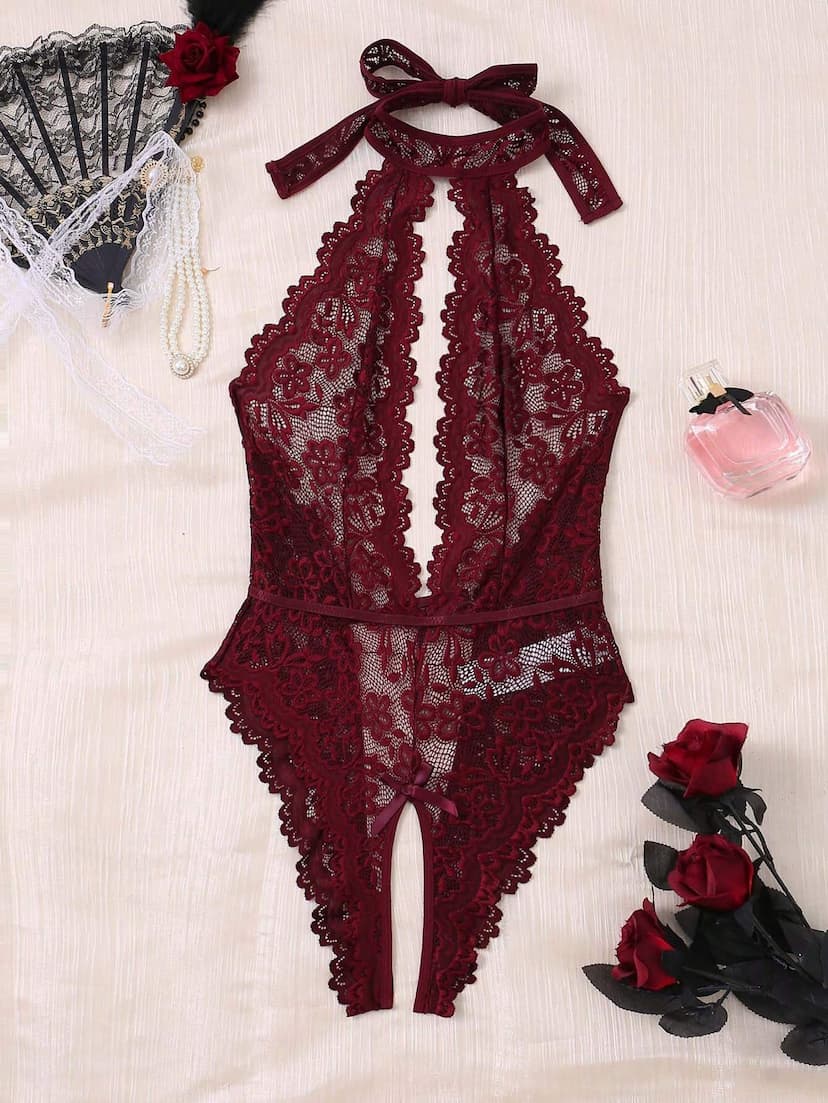 Combinaison body en dentelle avec détail nœud, sans culotte, lingerie