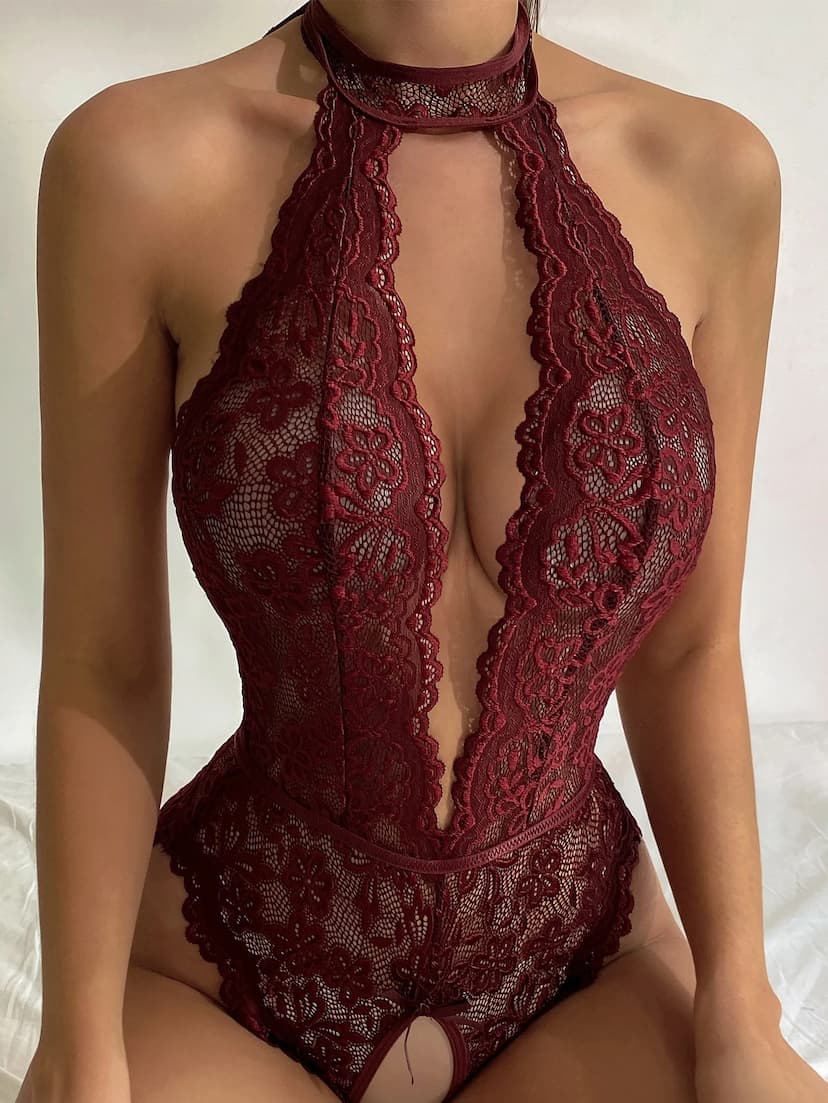 Combinaison body en dentelle avec détail nœud, sans culotte, lingerie
