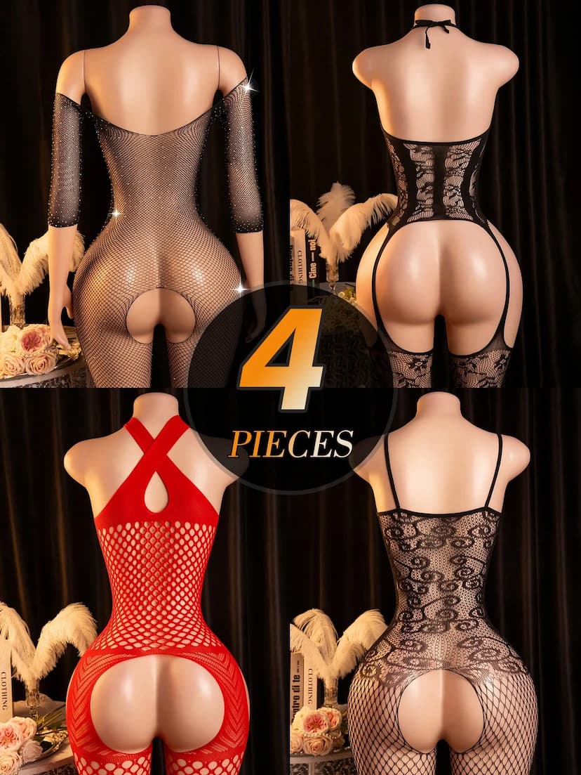 4 pièces/set Bodys sexy en maille et dentelle pour femmes