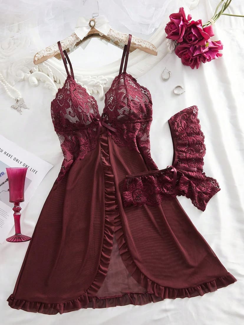 2 piÃ¨ces Ensemble de lingerie en dentelle et tulle pour femmes grandes tailles, dÃ©colletÃ© en V. Convient pour le port Ã  la maison et les sous-vÃªtements sexy