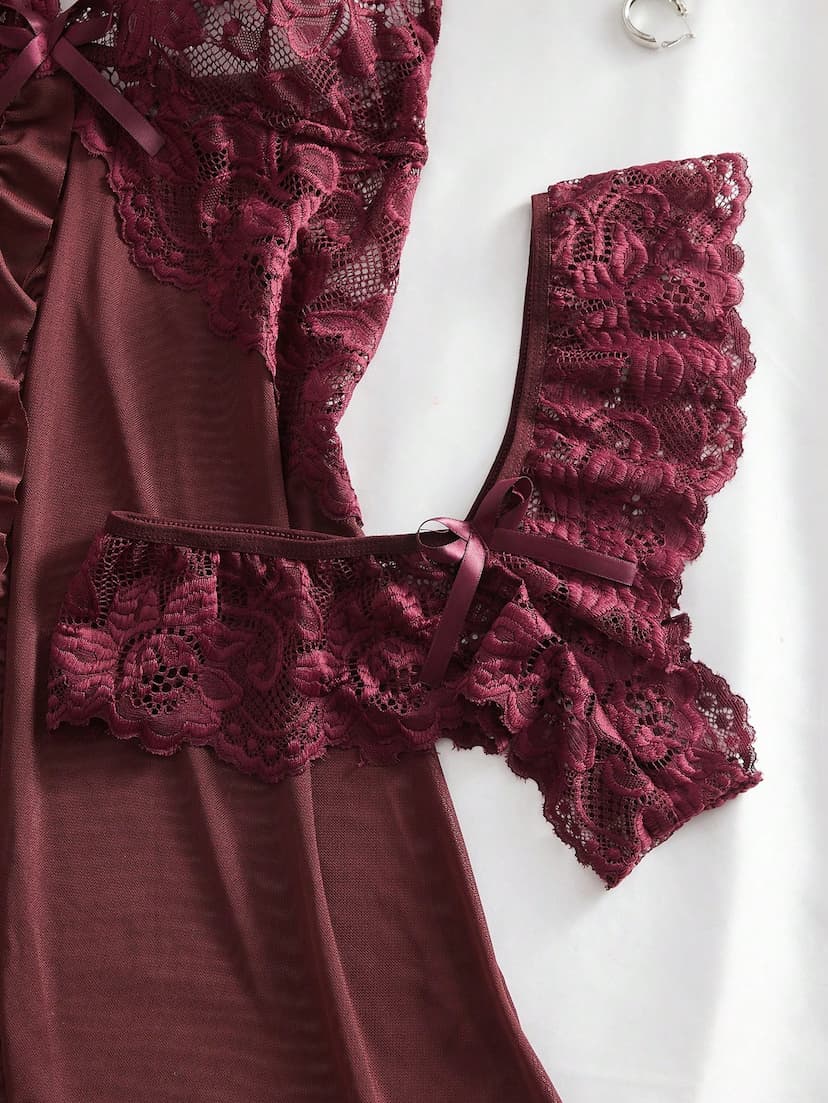 2 piÃ¨ces Ensemble de lingerie en dentelle et tulle pour femmes grandes tailles, dÃ©colletÃ© en V. Convient pour le port Ã  la maison et les sous-vÃªtements sexy