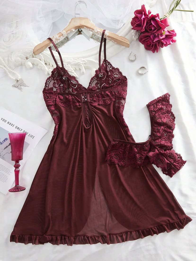 2 piÃ¨ces Ensemble de lingerie en dentelle et tulle pour femmes grandes tailles, dÃ©colletÃ© en V. Convient pour le port Ã  la maison et les sous-vÃªtements sexy