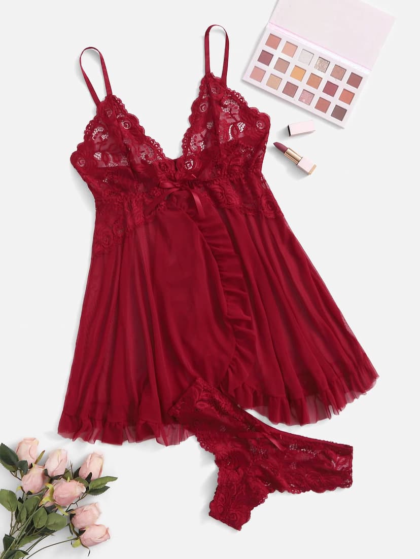 Robe de lingerie sexy Babydoll avec dentelle de contraste et maille, avec culotte