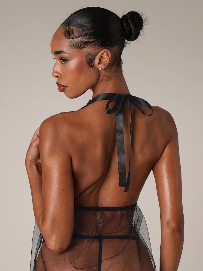 BAE Robe de lingerie babydoll Ã  encolure ras-du-cou en dentelle florale avec string