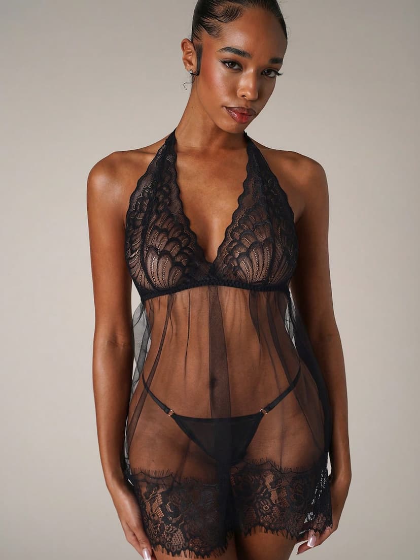 BAE Robe de lingerie babydoll Ã  encolure ras-du-cou en dentelle florale avec string