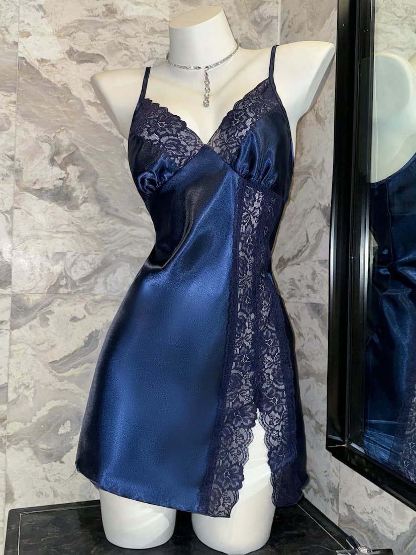 SilkySpell Nuisette sans manches en couleur unie avec dentelle contrastante pour femmes