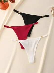 MidnightGlam 3 pièces/Paquet Culottes String G sexy avec anneaux métalliques reliés de couleur unie pour femmes