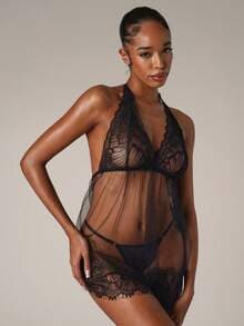 SHEIN BAE Robe de lingerie babydoll à encolure ras-du-cou en dentelle florale avec string