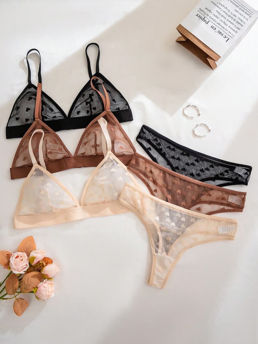 PetitDoll 6 pièces/Set Soutien-gorge triangle sans fil en maille jacquard transparente et sexy en forme de cœur