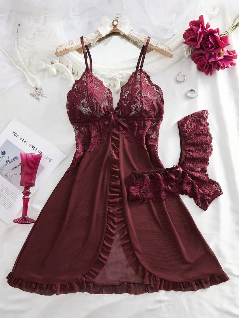2 pièces Ensemble de lingerie en dentelle et tulle pour femmes grandes tailles, décolleté en V. Convient pour le port à la maison et les sous-vêtements sexy