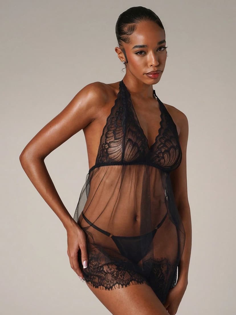 BAE Robe de lingerie babydoll à encolure ras-du-cou en dentelle florale avec string
