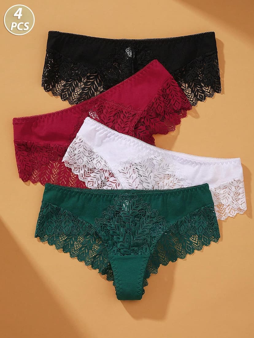 VKME 4 pièces/set Sous-vêtements pour femmes en dentelle et patchwork, Culottes confortables